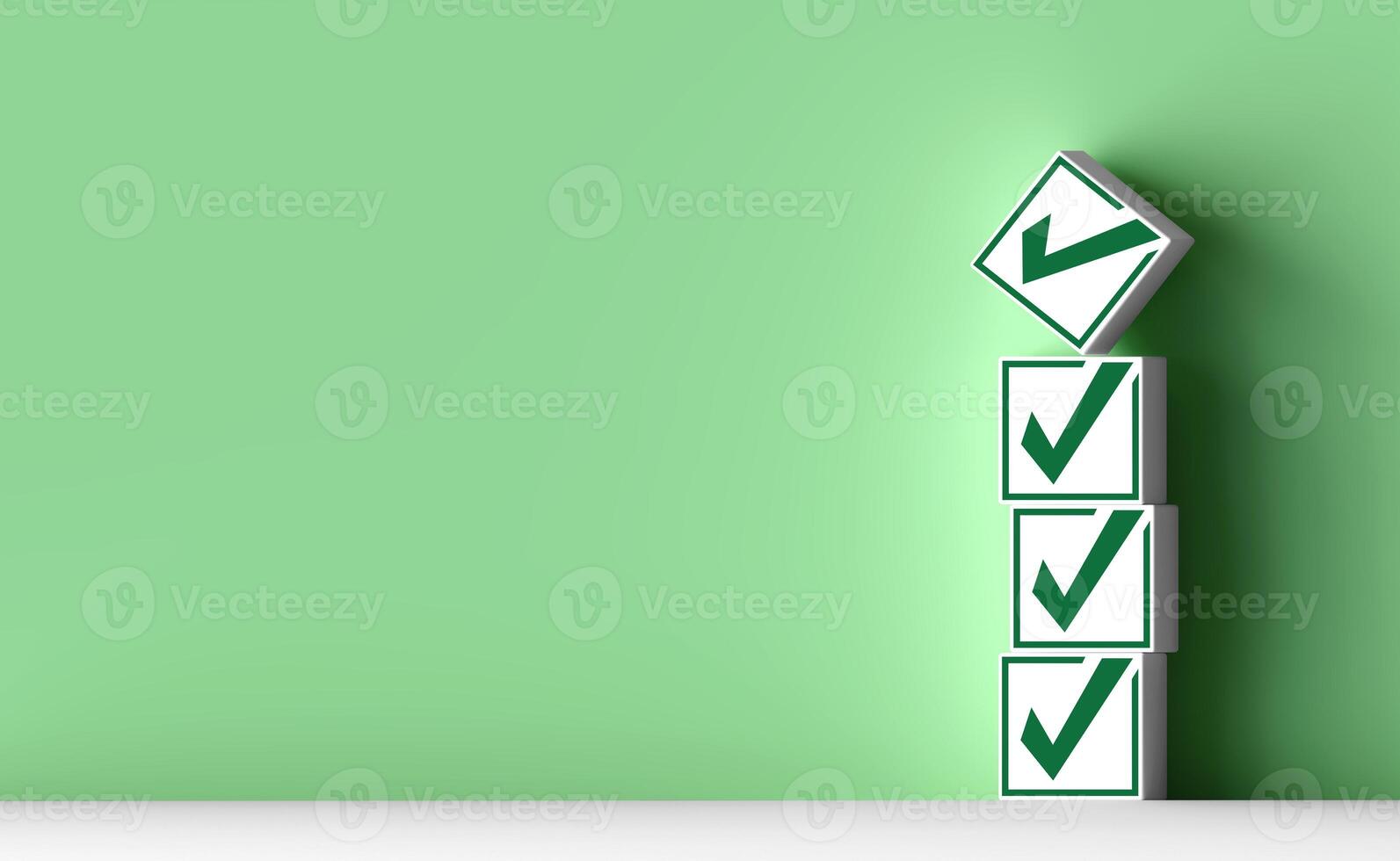 Check mark icon stacked on green background. checklist survey concept ,and evaluation Accreditation, quality assurance. with copy space and business design. photo