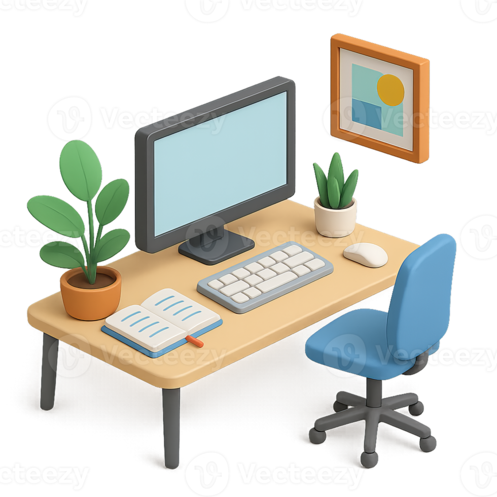 3D Isometric office workspace with plants and modern decor png
