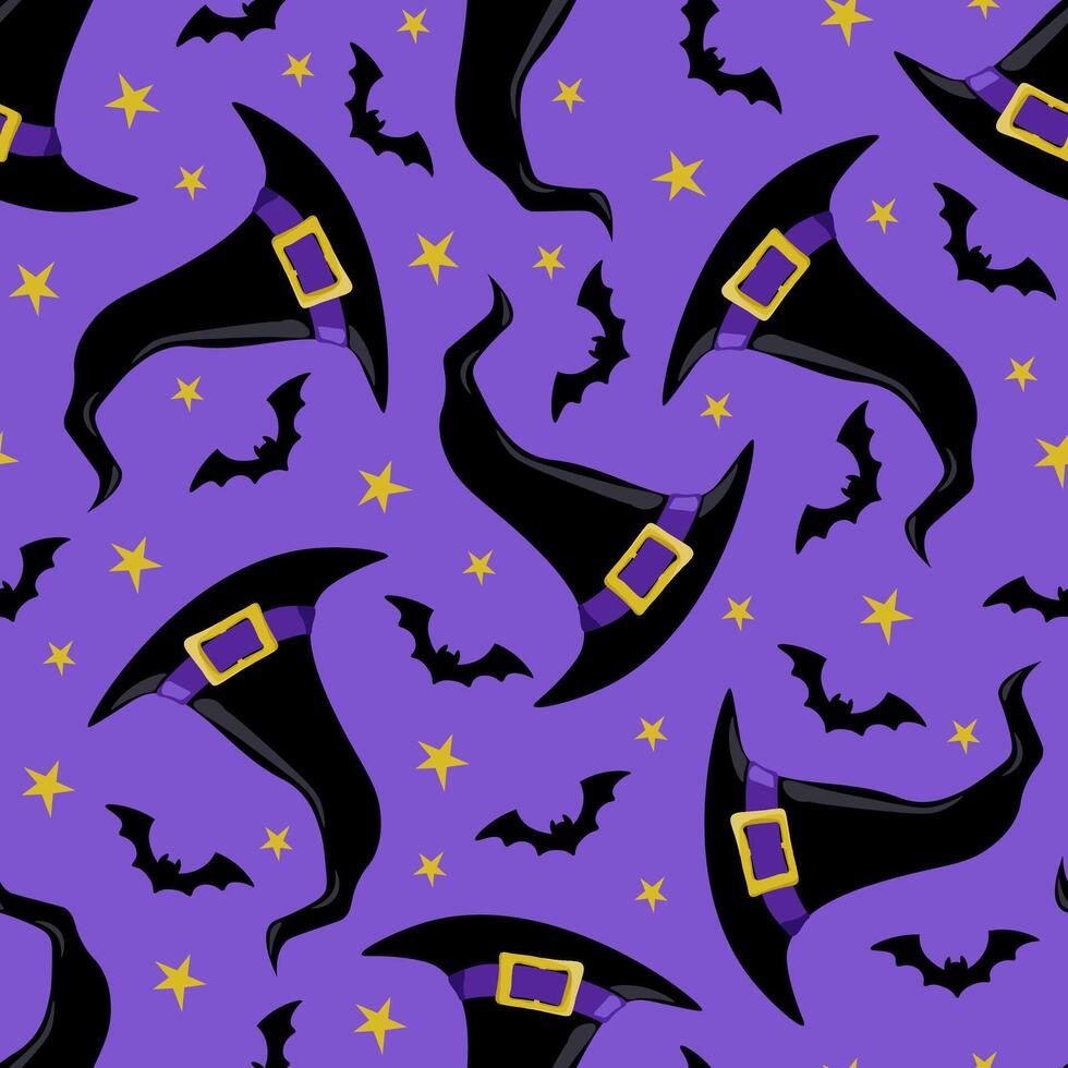 Halloween pattern with witch hat, bats and stars on purple background vector