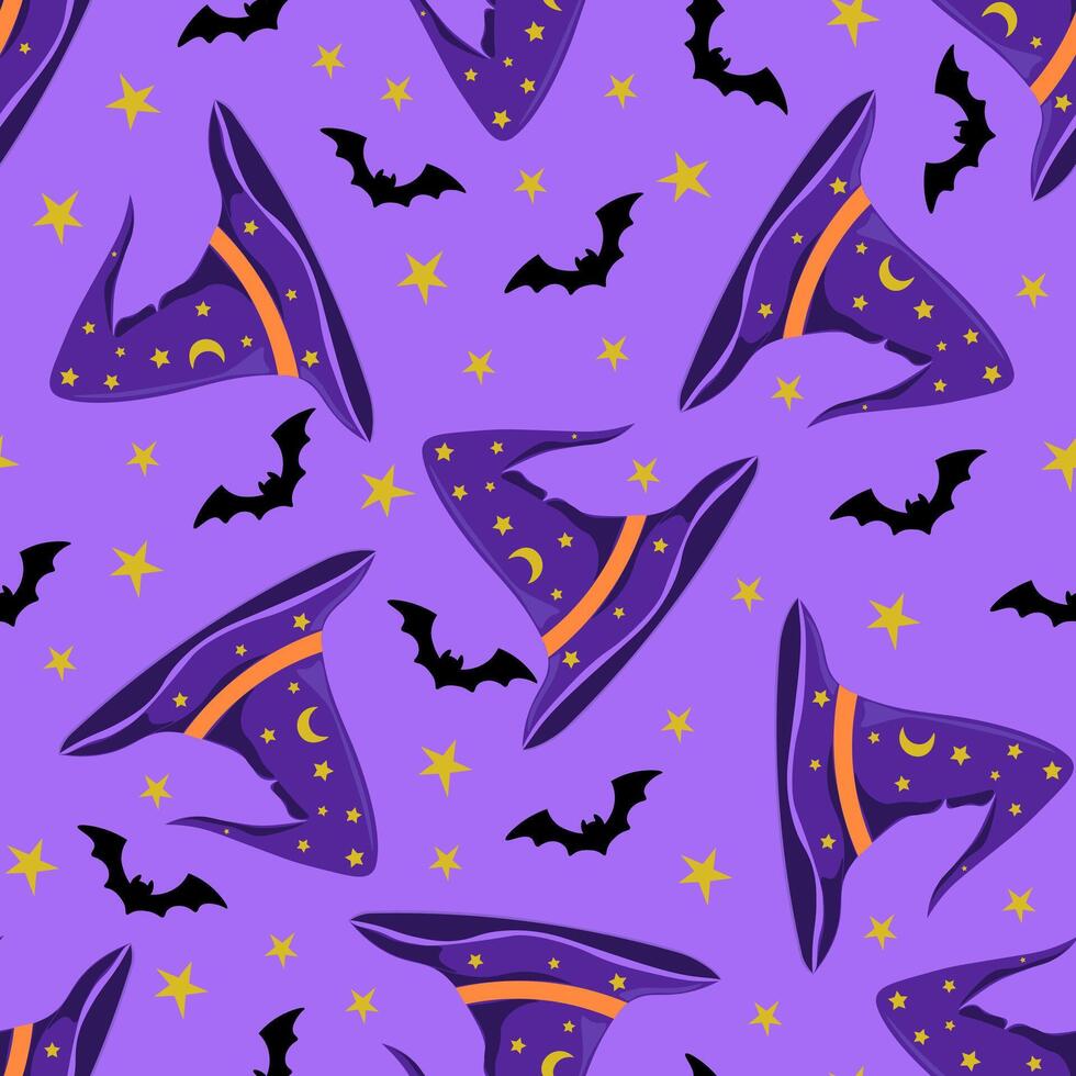 Seamless Halloween pattern. witch hat, bats and stars vector