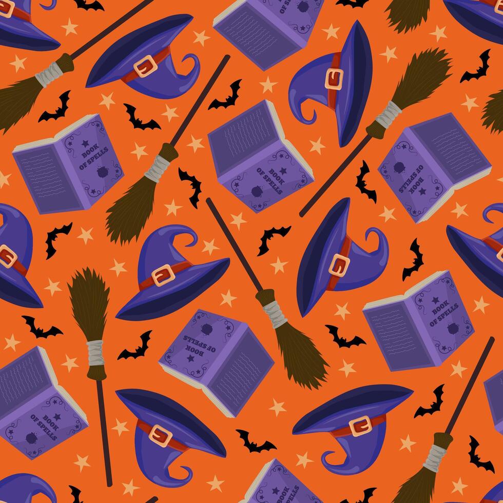 Happy Halloween pattern on orange background with witch hat, broom, spell book and bats vector