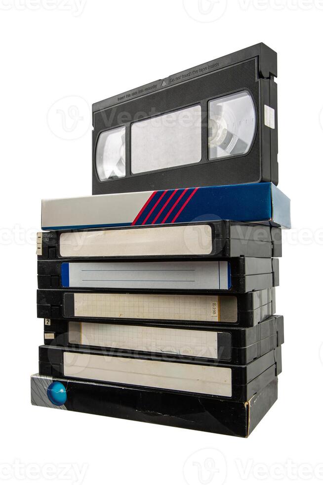 Vintage VHS Tape Collection with Handwritten Tags photo