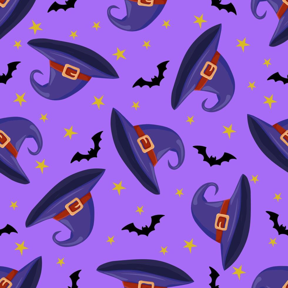 pattern with witch hat, bats and stars on purple background. Happy Halloween vector