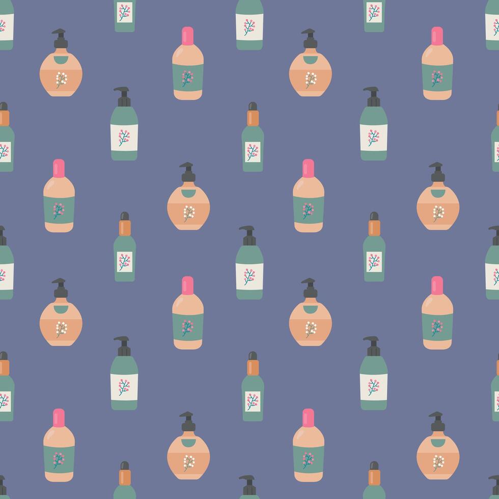 Seamless pattern of cosmetic bottles and cosmetic products. Design for fabric, textile, wallpaper, packaging vector