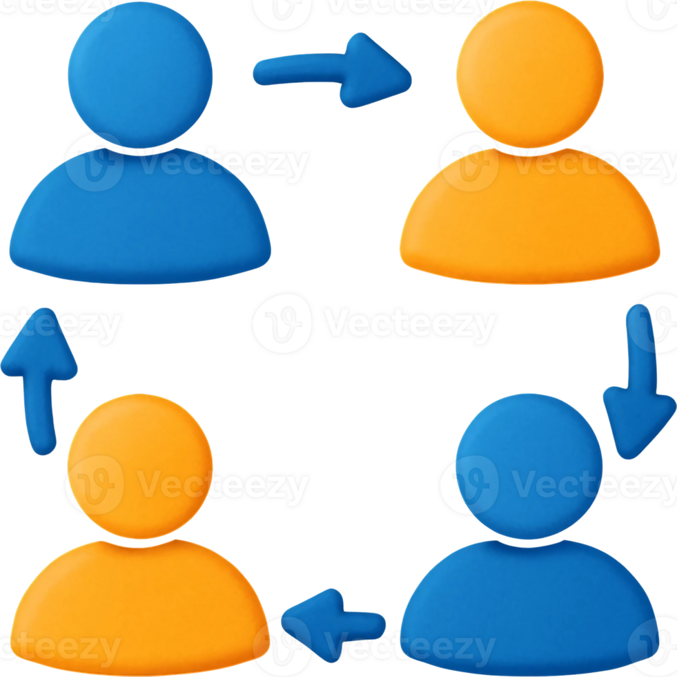 Four people are connected by arrows and a blue and orange person png
