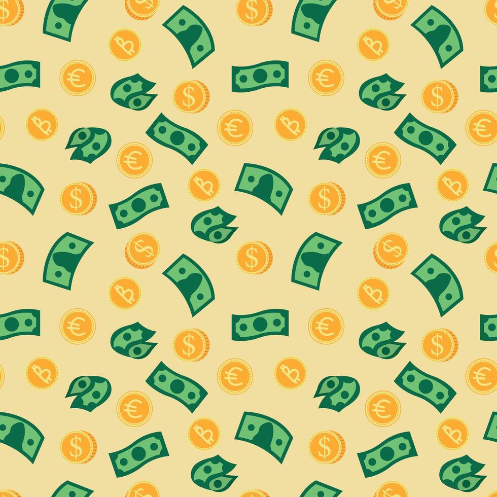 Seamless pattern with banknotes and coins. Design for fabric, textile, wallpaper, packaging vector