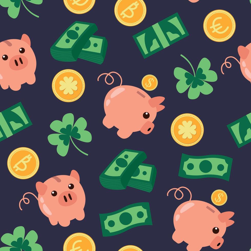 Piggy Bank and Money Seamless Pattern. Endless pattern for your design vector