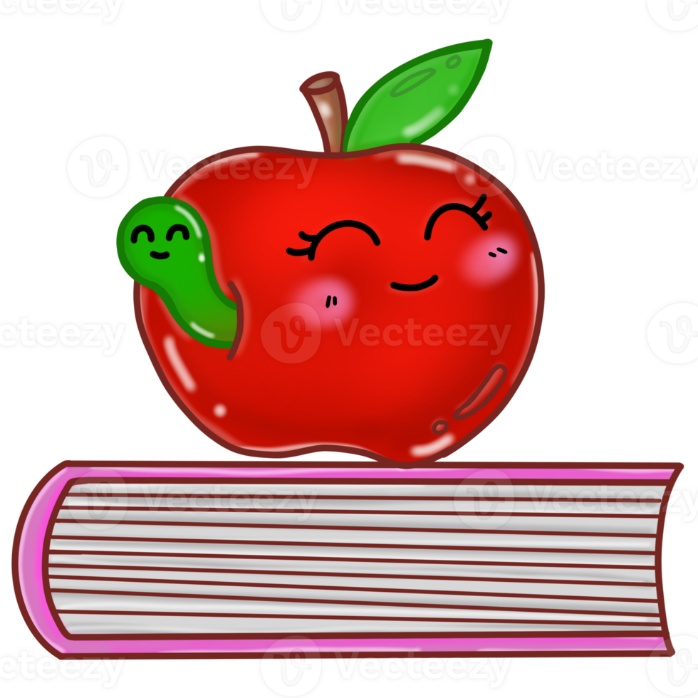 Cartoon drawing of a book with an apple on it. png