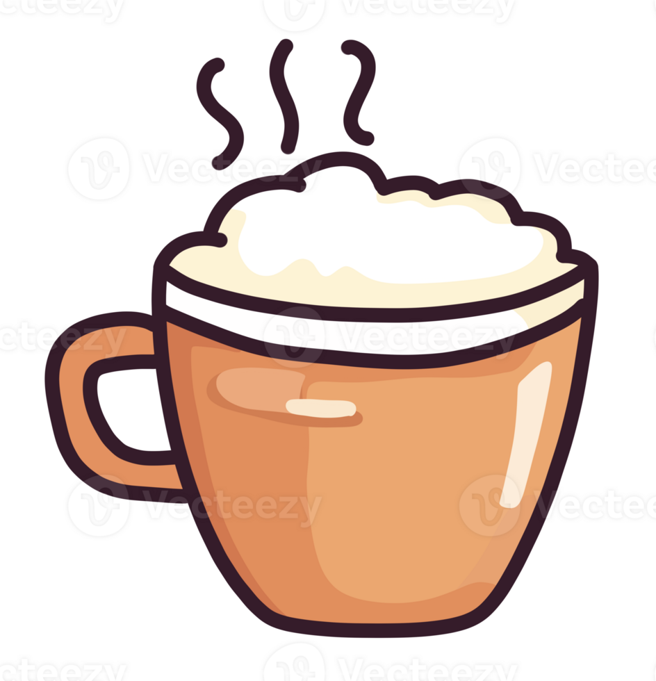 An orange mug filled with foamy white liquid has black steam rising from it. png
