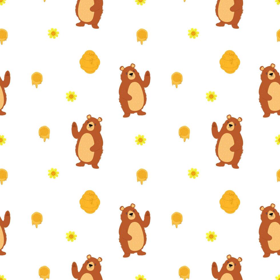 Seamless pattern with bears, honeycombs, hives and flowers hand drawn with trendy textures. Image for printing on wrapping paper and canvas, for kids, poster or banner. Cartoon flat illustration vector