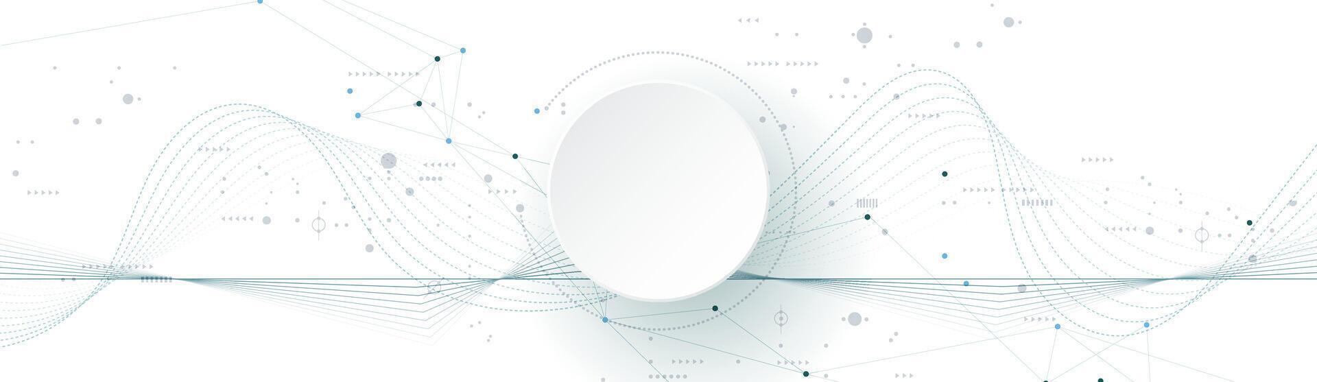 Illustration abstract modern technology. White circle, geometric shape, wave wireframe line pattern and circuit board on white - grey background. Technology concept for banner, template vector