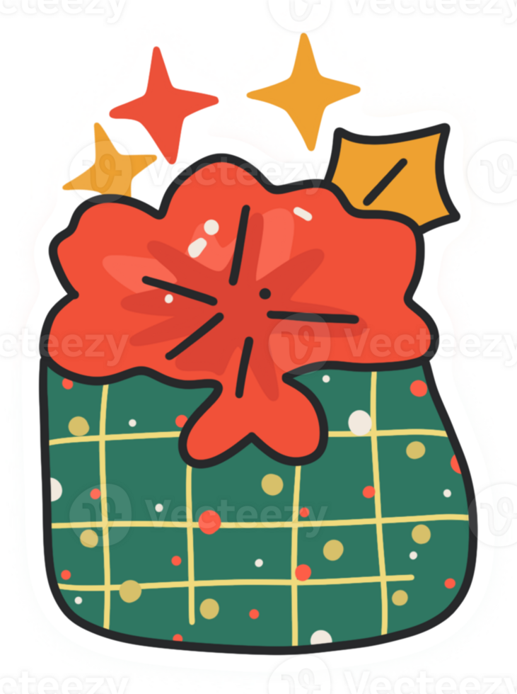 A green gift wrapped with yellow lines and white and gold dots has a large red bow and three png