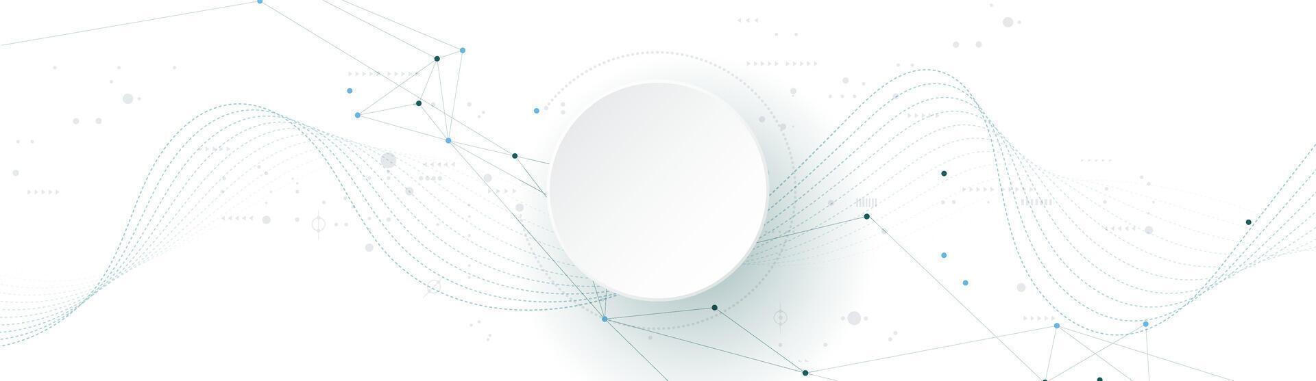 Abstract modern technology design. White circle, geometric shape, wave wireframe lines pattern and circuit board on white - grey background. vector