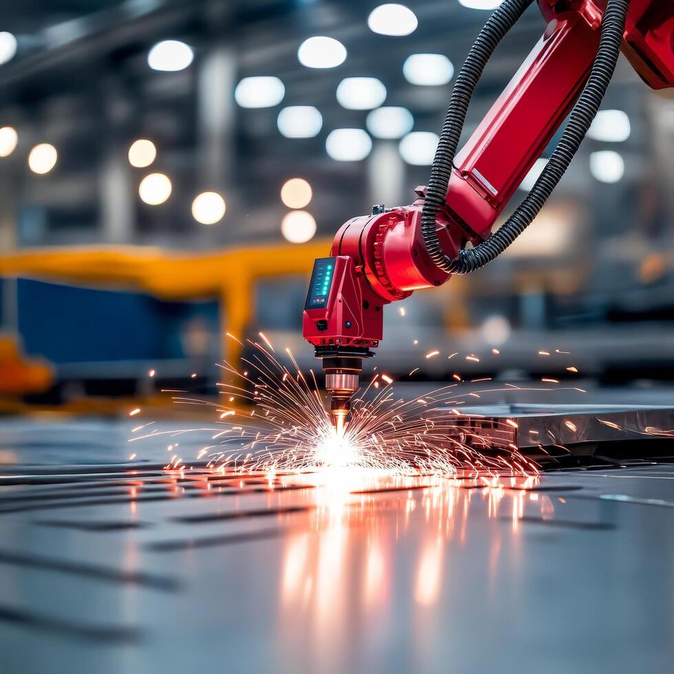 Robotic laser cutting sparks in an industrial setting. Industrial automation cyber-physical systems concept. photo