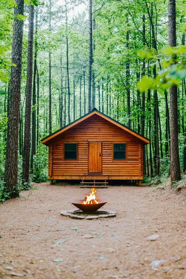 Cozy cabin surrounded by tall trees and a fire pit in the foreground. Summer break camp escape concept. photo