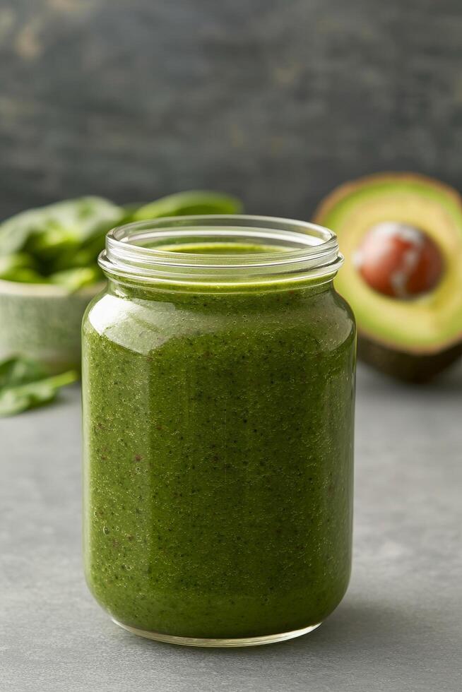 Green smoothie in a glass jar with avocado in the background. Plant-based protein unprocessed concept. photo