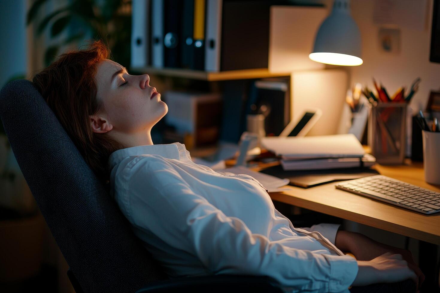 Woman resting at a desk under soft lighting in a cozy workspace. Fatigue ,physical and burnout syndrome concept. photo