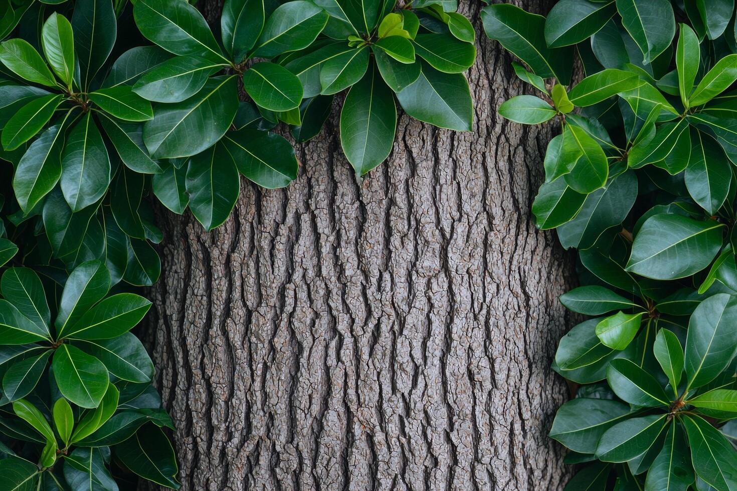Lush green leaves framing textured tree bark. Rain tree with oxygen concept. photo
