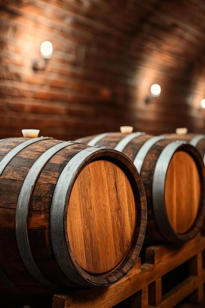 Barrels lined up in a dimly lit cellar setting. Craft beer brewery concept. photo