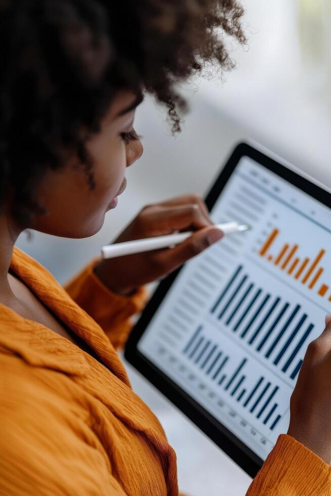 Professional analyzing data on a tablet with graphs and charts. Business analytics and data science with decision-making concept. photo