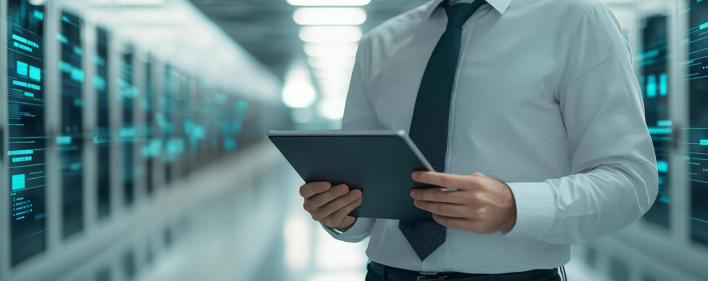 Businessman holding a tablet in a data center environment. photo