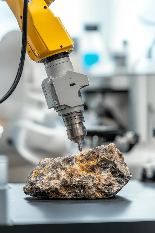Robot arm drilling into a rock in a laboratory setting. photo