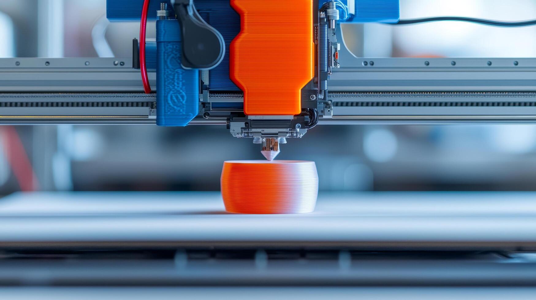 3D printer creating a colorful object in a modern workshop setting. photo