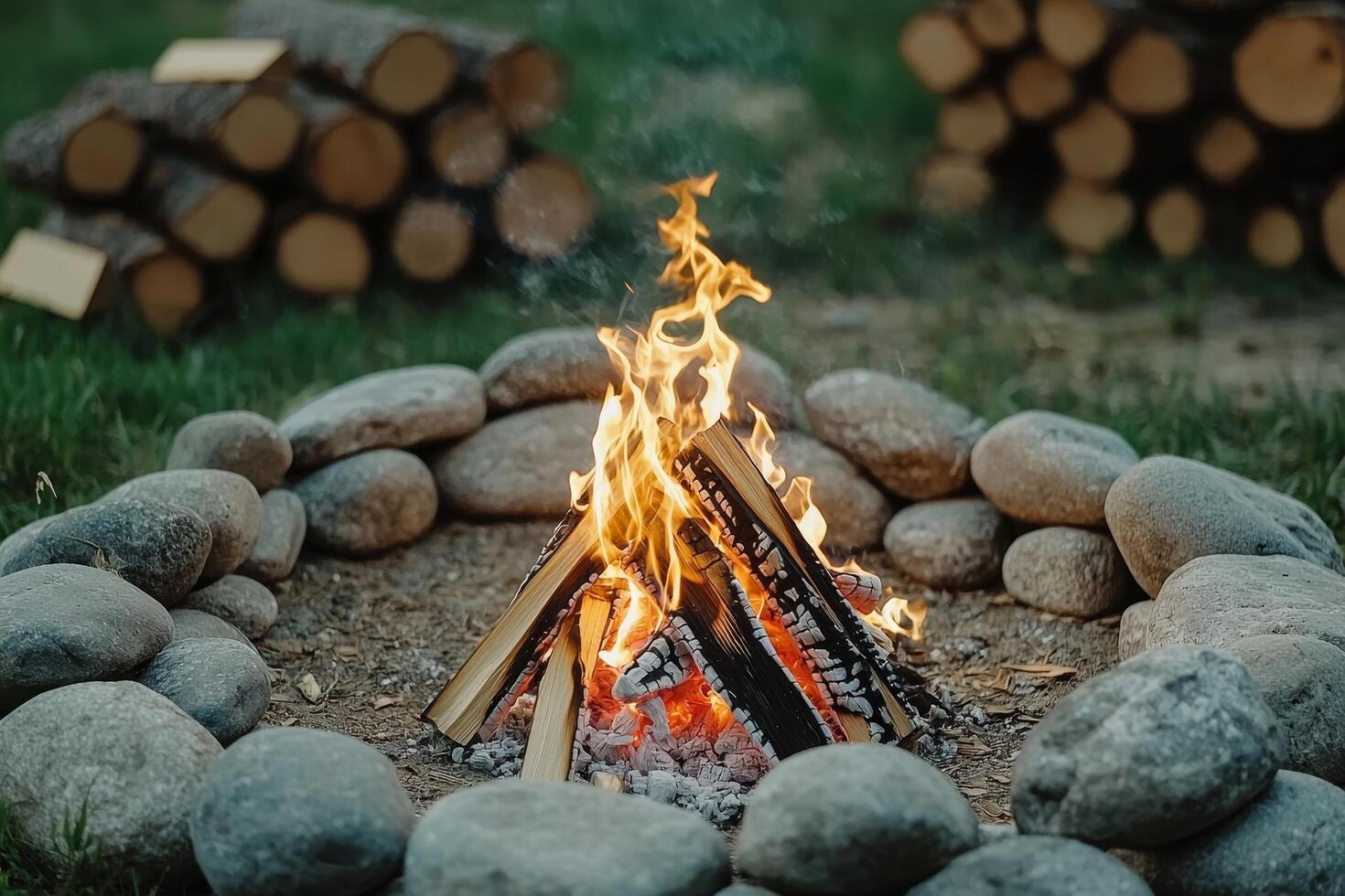 Cozy campfire surrounded by stones and firewood logs. photo