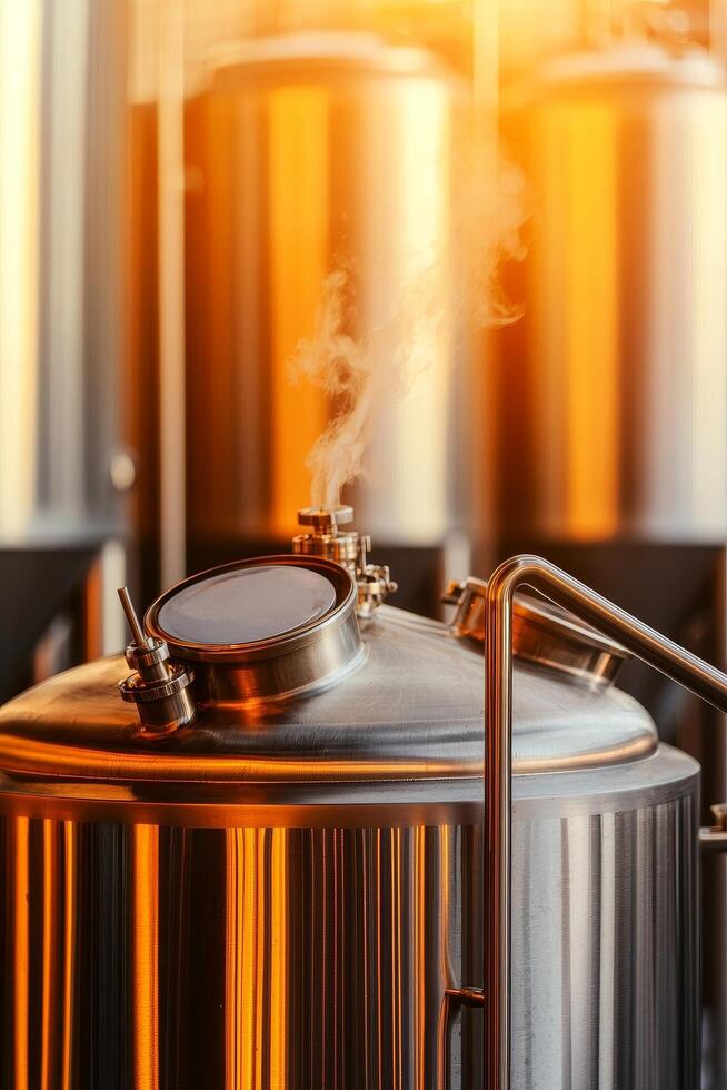 Industrial brewing equipment with steam rising from the top. photo