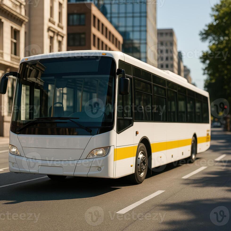 Modern city bus driving on an urban street in daylight. . photo