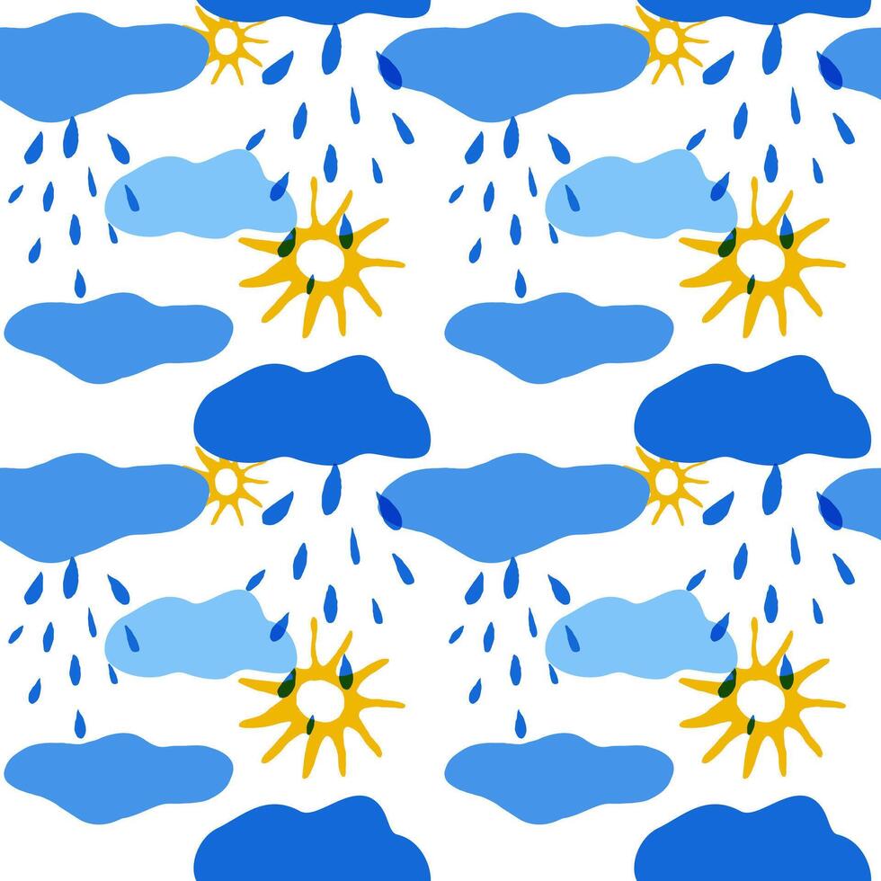 Seamless pattern of yellow sun and clouds of different shades of blue with raindrops in children's style hand drawn for posters, cards, stickers. Illustration on pastel soft blue background vector