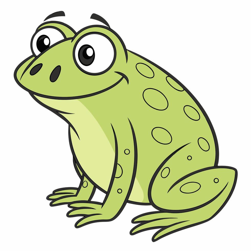 Cartoon funny green frog sitting. Illustration isolated on white background. Side view. vector