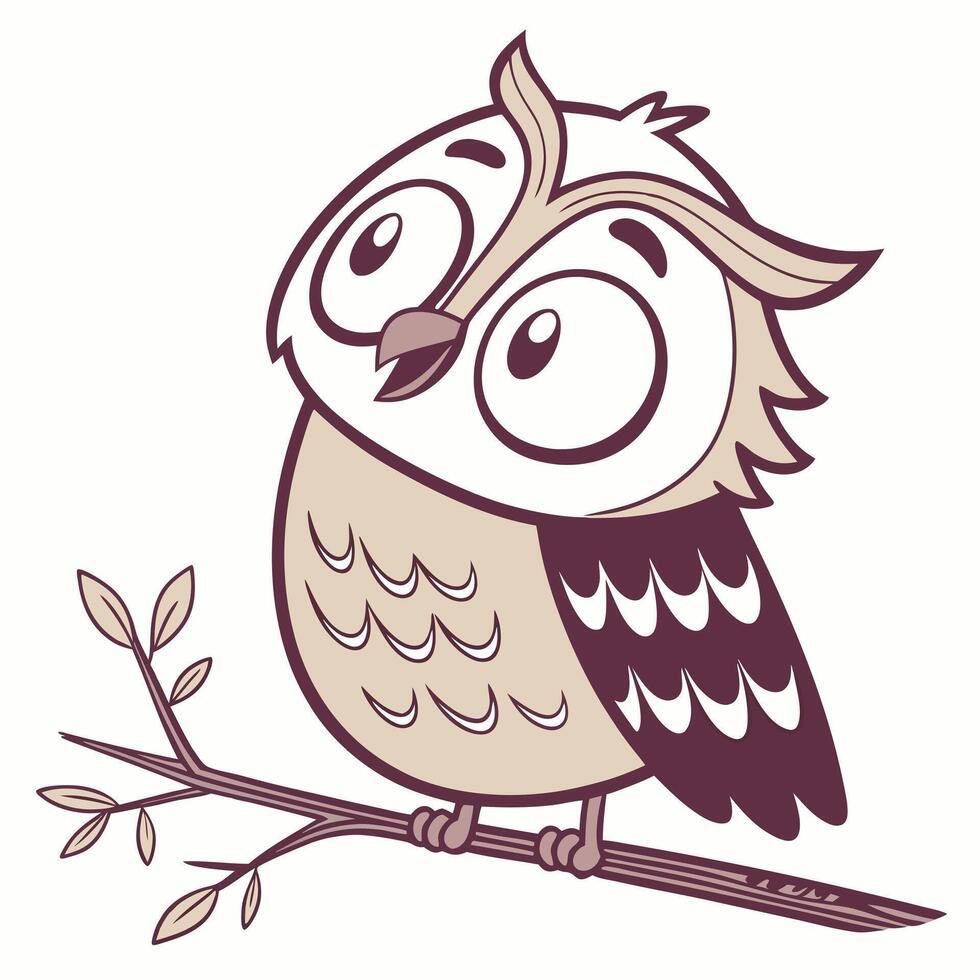 Cartoon Owl sits on a branch. Illustration isolated on white background.Side view. vector
