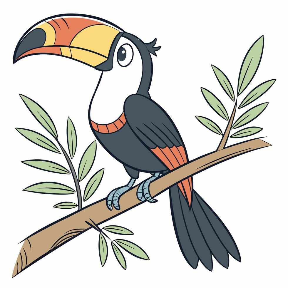 Colorful tropical toucan bird sitting on a branch. Illustration isolated on white background. Side view. vector