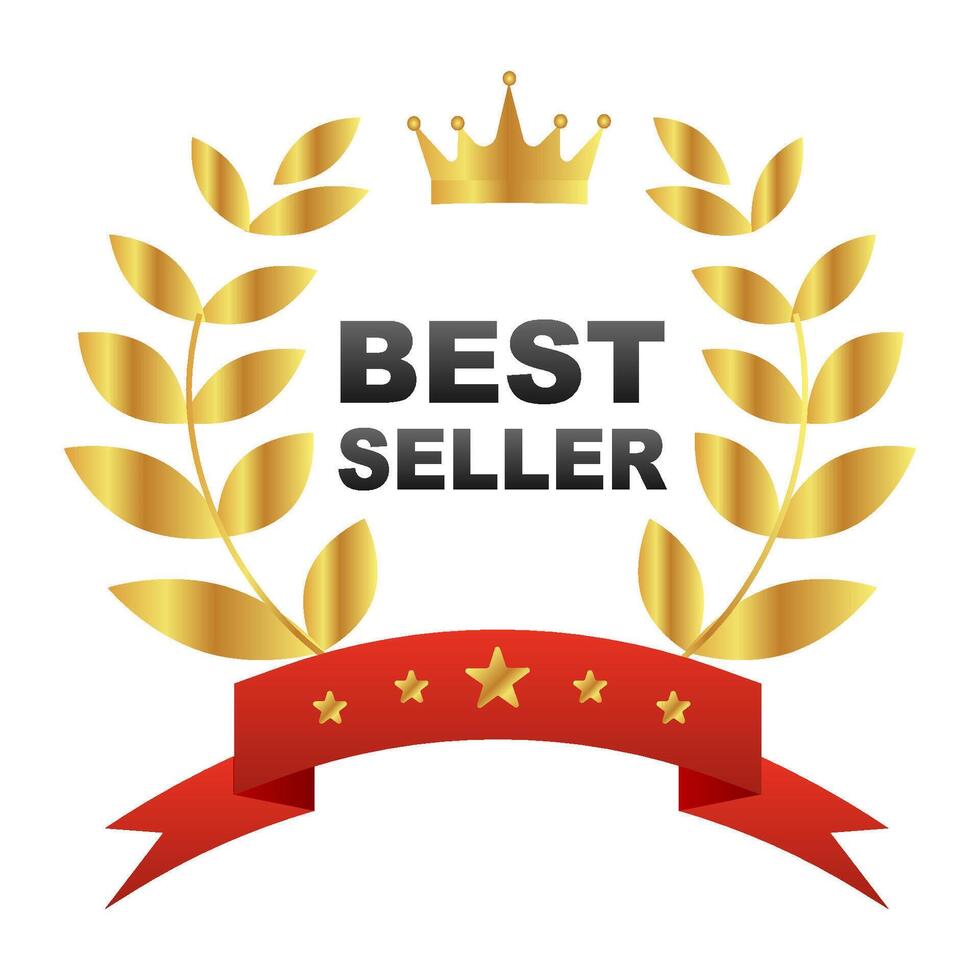 Golden laurel wreath with crown and red ribbon with text BEST SELLER. illustration vector