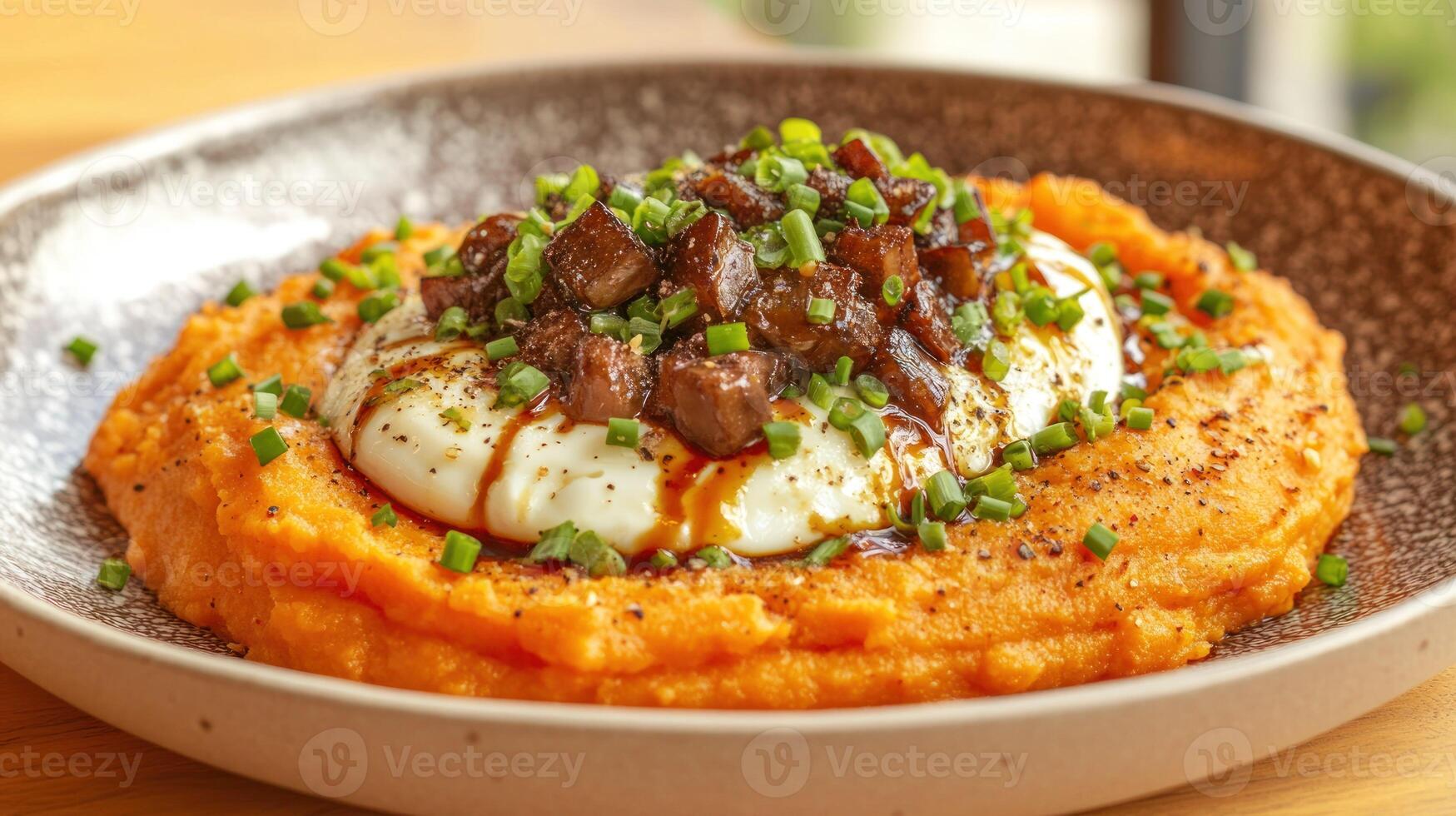 Sweet potato pure topped with white sauce and meat photo
