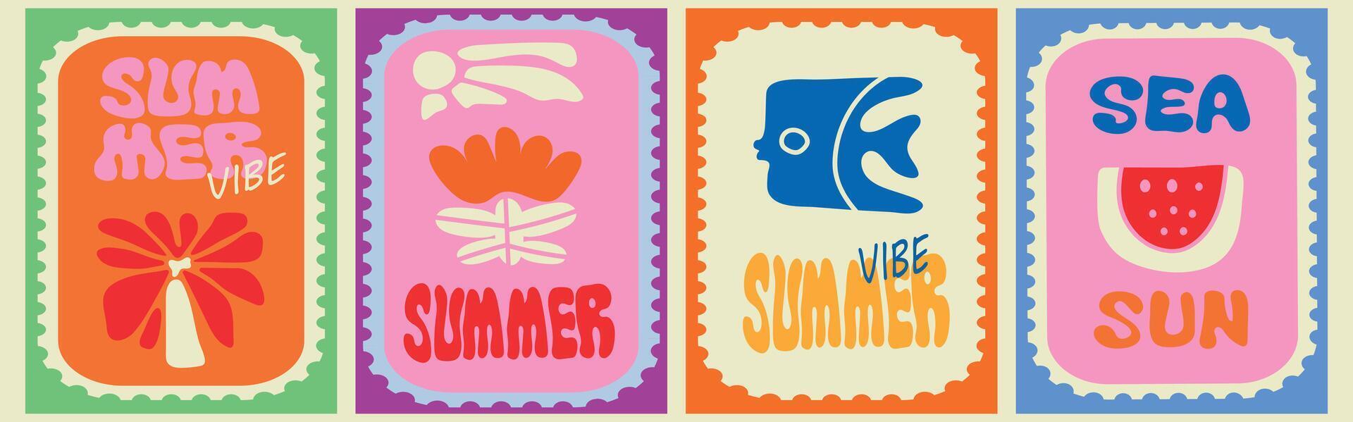 Summer vibe. Summer art illustration of postage stamp with beach, sea, sun, flowers, wave, fruits for poster, card, background, invitation, print, icon or flyer. vector
