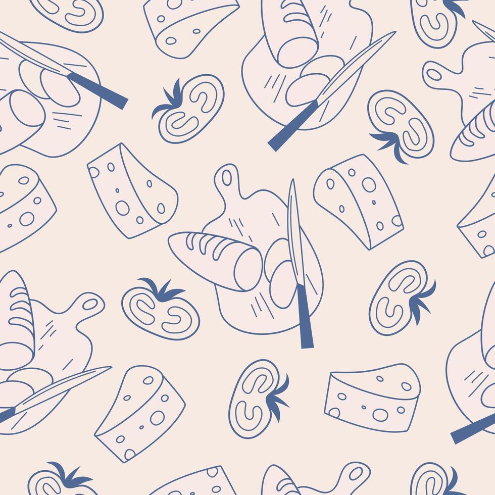 La dolce vita doodles seamless pattern with bread and cheese. Blue on light beige illustration of italian style hand drawn posters. Wall art prints decor for invitations, menus design. vector
