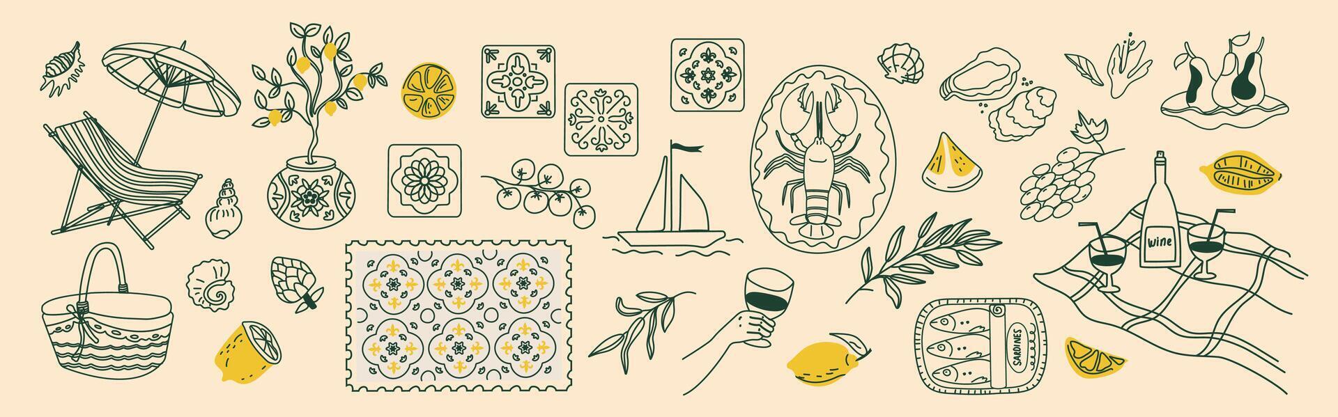 Italian Amalfi summer vacation doodle style illustrations. Elegant line doodles of lemons, wine and food elements, lemon tree, ceramic tiles, and cocktail glass. Sea weekend rest prints for invitation vector
