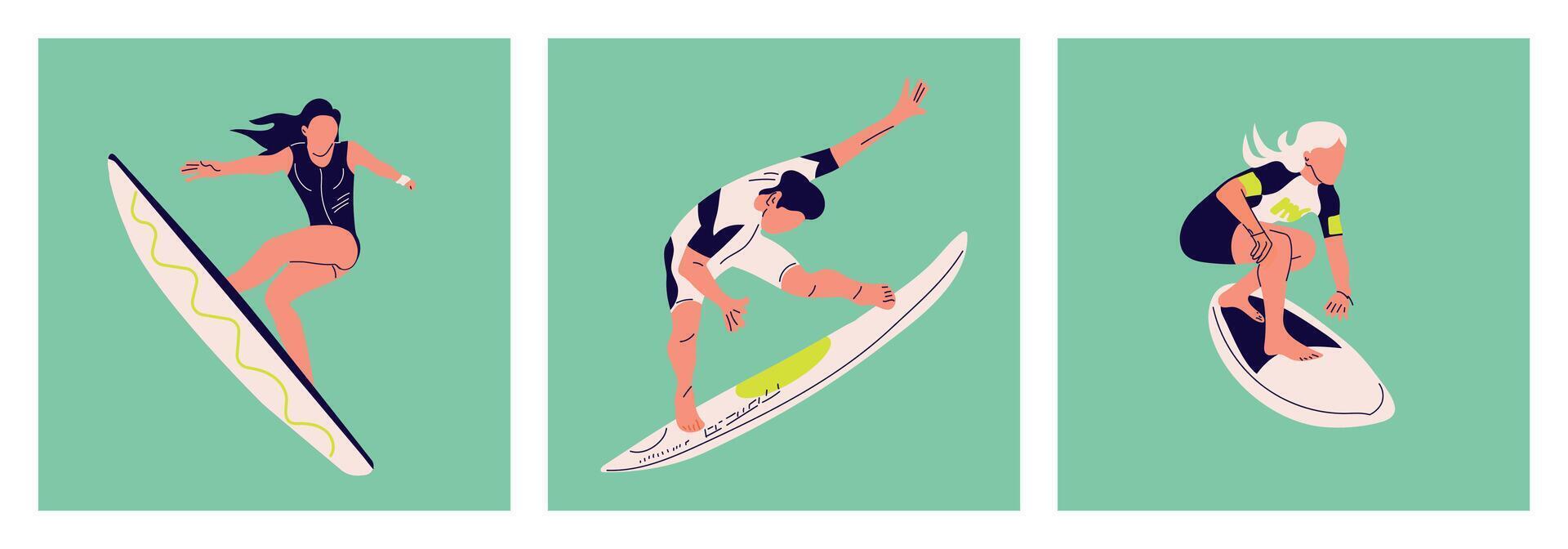 Surfer standing on surfboard. Set posters of happy surfers in beachwear with surfboards in sea or ocean on green background. Tropical hawaiian lifestyle. Colorful flat illustration. vector