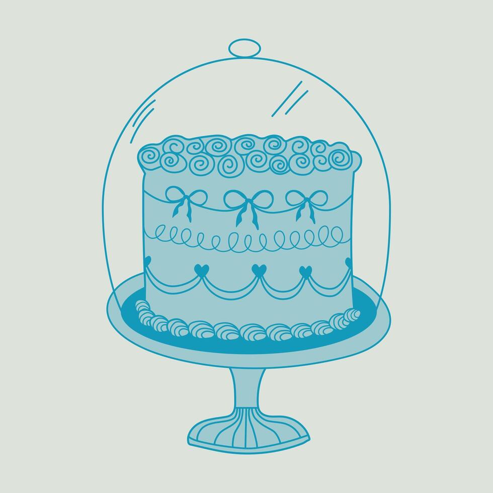 Cake with cream on a blue background. Retro style. Sweet tasty food. Hand drawn trendy. Coquette bakery item. Ideal for wedding, anniversary, valentine day vector