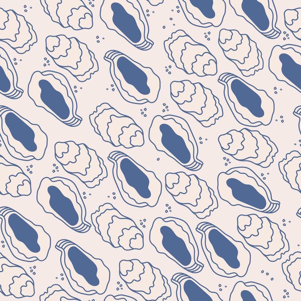 Seamless doodle pattern with oysters in la dolce vita Italian style. Blue on white hand-drawn illustration. Ideal for wall art, invitations, menu designs and decorative prints. vector