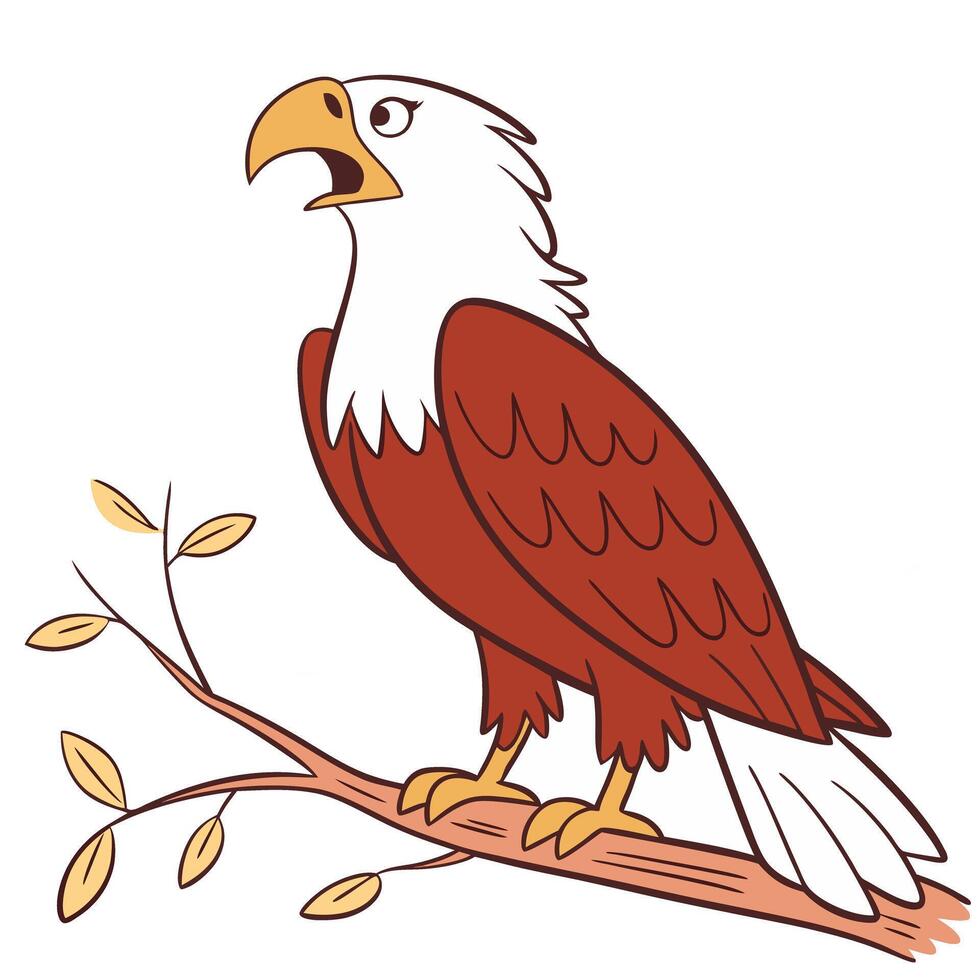 Cartoon eagle bird sitting on a branch. Illustration. Isolated on white background. vector