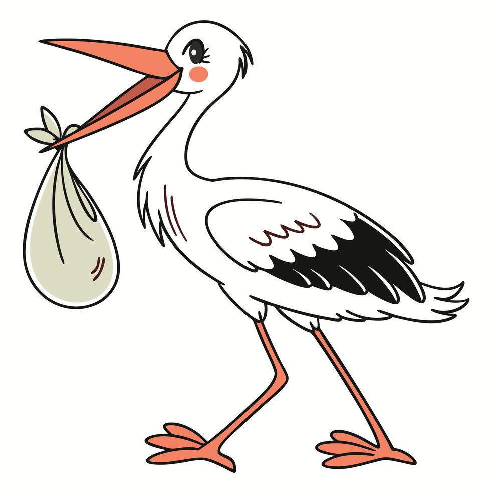 Cartoon stork carrying a baby in a bag. Illustration. Isolated on white background. vector
