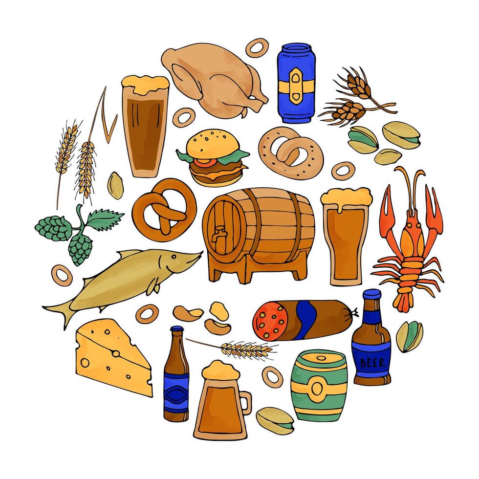 Colorful beer set of glasses and snacks, hand drawn in a circle. vector