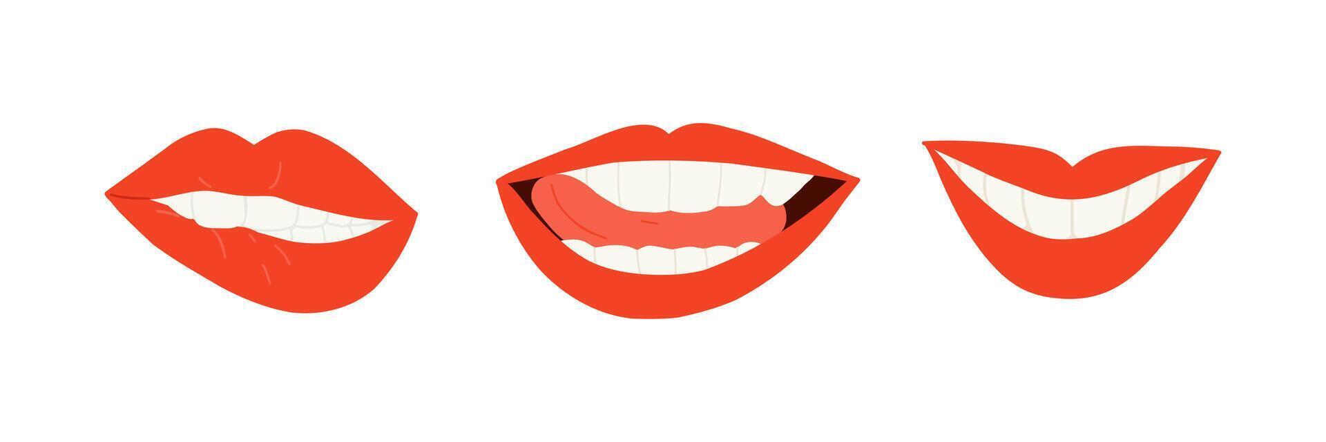 A set of stylized red lips with various smiling expressions. Bold and playful design for beauty, fashion, or pop art themed visuals. vector