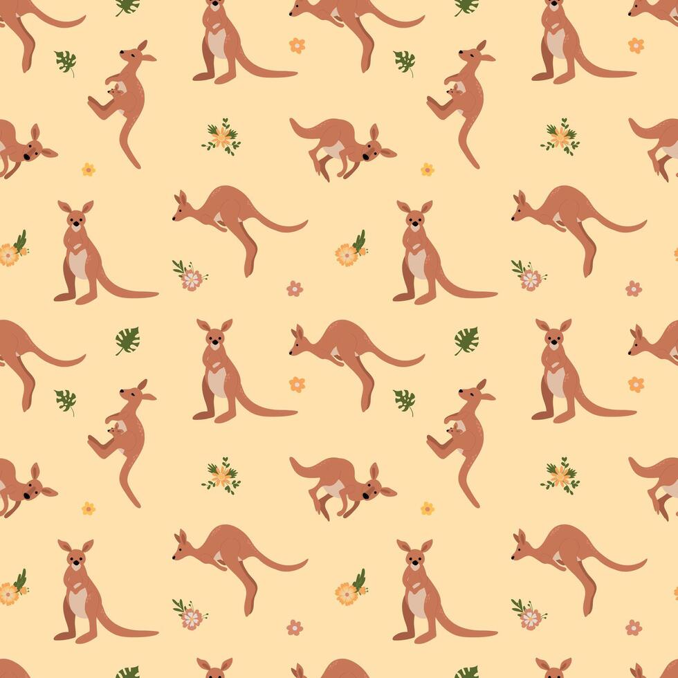 Seamless Kangaroo and Flower Pattern. Design for fabric, textile, wallpaper, packaging vector