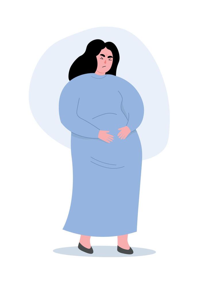 Pregnant woman feels pain, discomfort, holds her belly with her hands. Female is expecting a child. flat graphics. vector