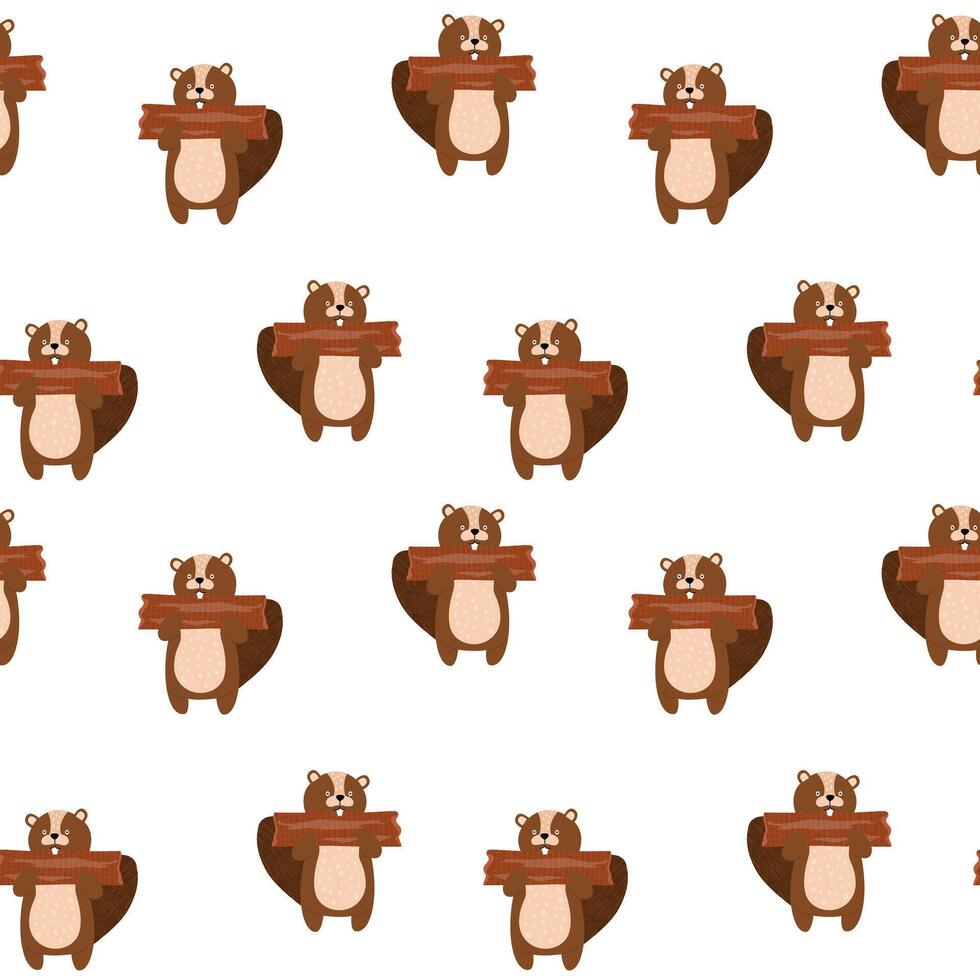 Seamless pattern with hand drawn cartoon beaver cat holding a piece of wood with a trendy texture in its paws. Repeatable image for printing on wrapping paper and canvas, on children's clothing vector