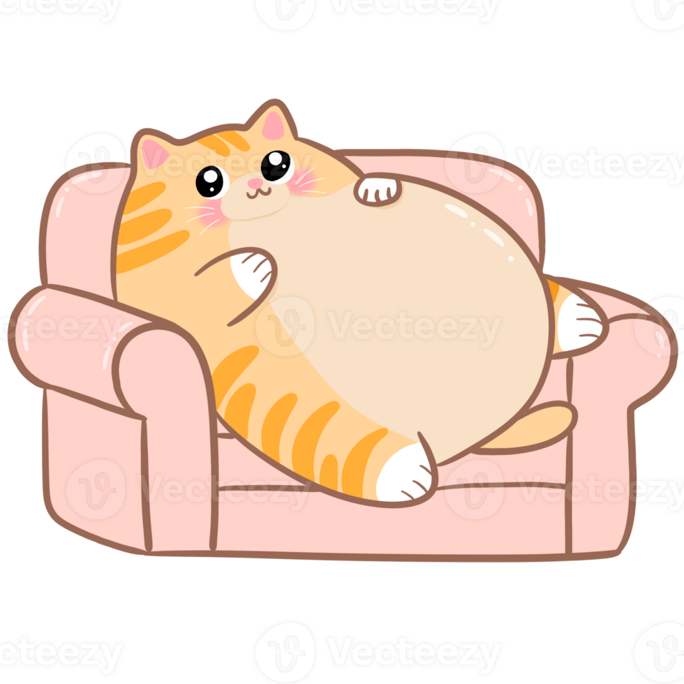 A fat orange cat sits on the sofa. png